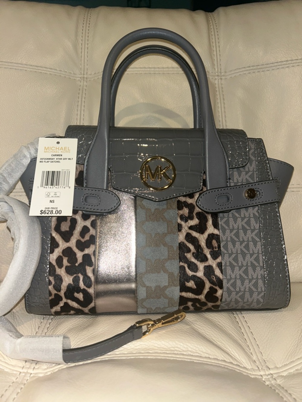 Michael Kors Carmen Heather Gray Mixed-Pattern Medium Satchel Bag Retail $628